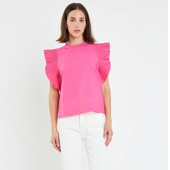 English Factory Ruffle Sleeve Poplin top. Size Small in fuschia. - Picture 3 of 9